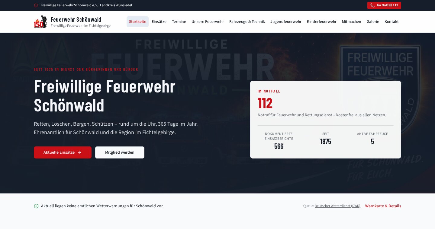 Startseite der Website der Freiwilligen Feuerwehr Schönwald mit Notruf-Hinweis, letzten Einsätzen und nächsten Terminen