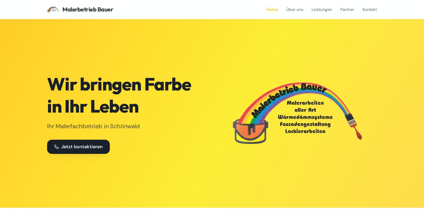 Startseite der Website von Malerbetrieb Bauer mit gelbem Hintergrund und der Überschrift „Wir bringen Farbe in Ihr Leben“