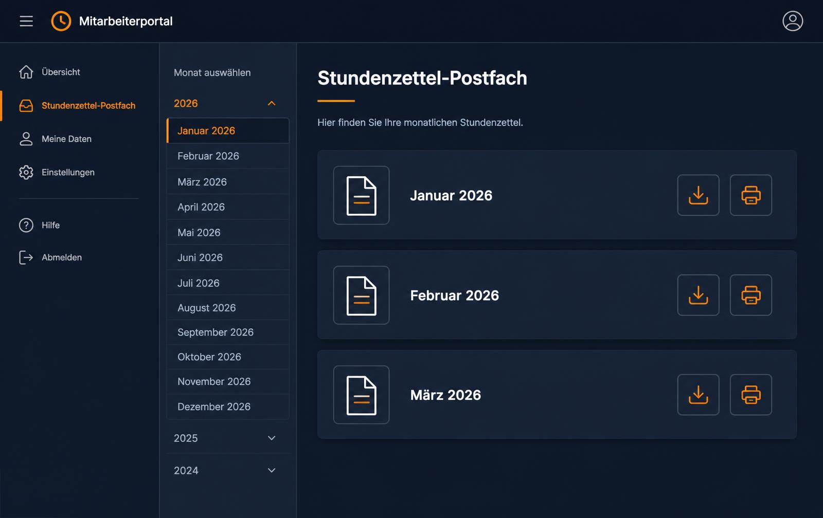 Vorschau der internen Web-App mit einer Liste monatlich sortierter Stundenzettel